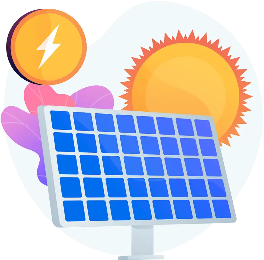 Painéis solares, sol e elementos que representam a geração de energia